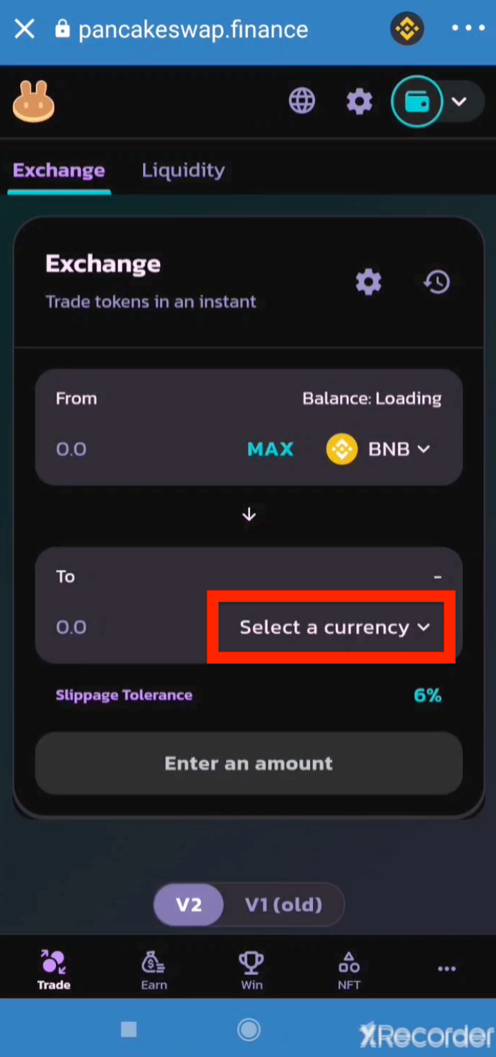 In the PancakeSwap click the `select a currency`
